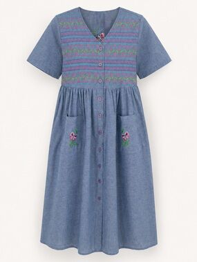 Bechamel Denim Midi Dress with Embroidery Button Front Vintage Size Medium